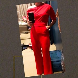 Off the shoulder red jumpsuit